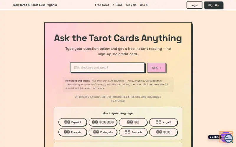 Screenshot of NowTarot: AI Tarot Chat LLM Reader. Free
