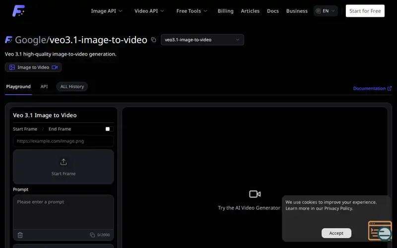 Screenshot of Flaq AI Veo 3.1 Image to Video API