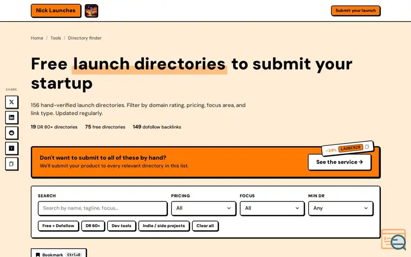 Screenshot of Free Launch Directory Finder