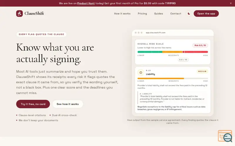 Screenshot of ClauseShift: AI Contract Review