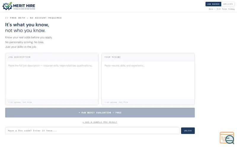 Screenshot of MeritHire application