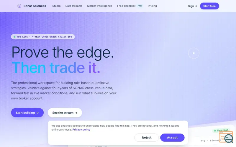 Screenshot of Sonar - Prove your trading edge, then publish it live