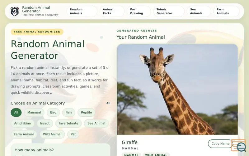 Screenshot of Random Animal Generator, a launch using AIBestTop