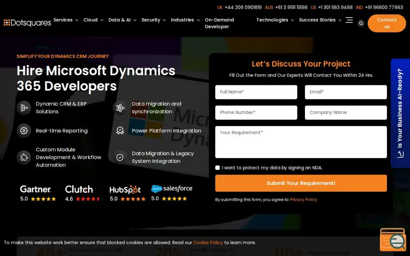 Screenshot of Dynamics 365 Development Services, a launch using Clutch