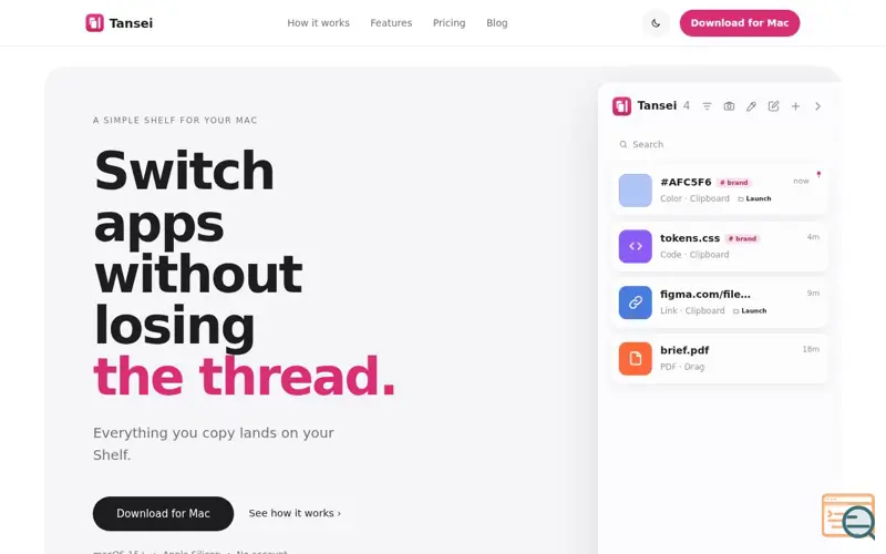 Screenshot of Tansei — A simple shelf for your Mac
