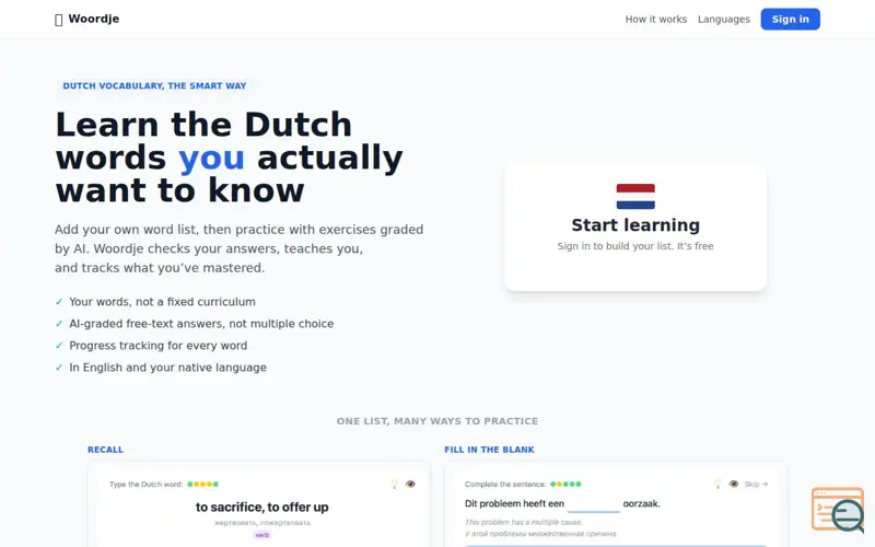 Screenshot of Woordje: Learn Dutch vocabulary with AI-graded practice