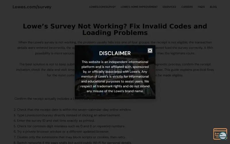 Screenshot of Lowes.com/survey