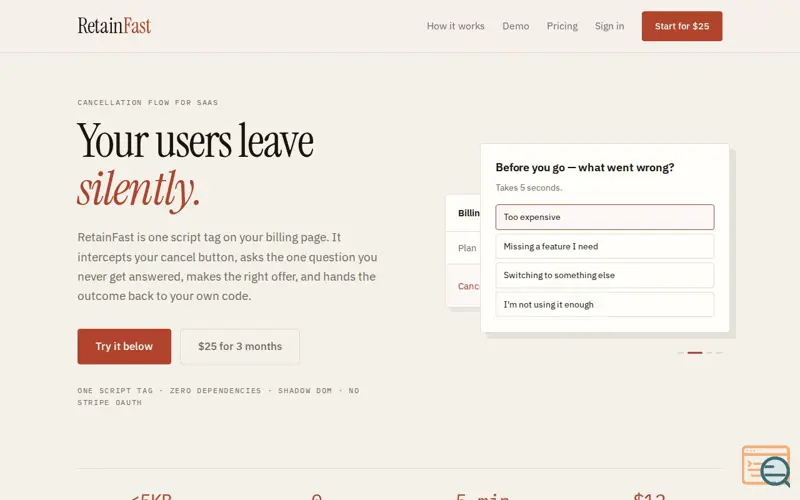 Screenshot of RetainFast — stop cancellations without touching Stripe