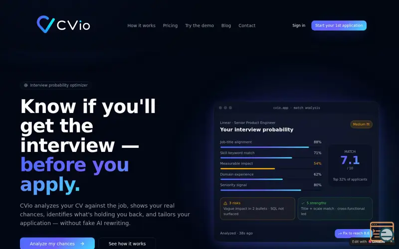 Screenshot of CVio - Know if you'll get the interview