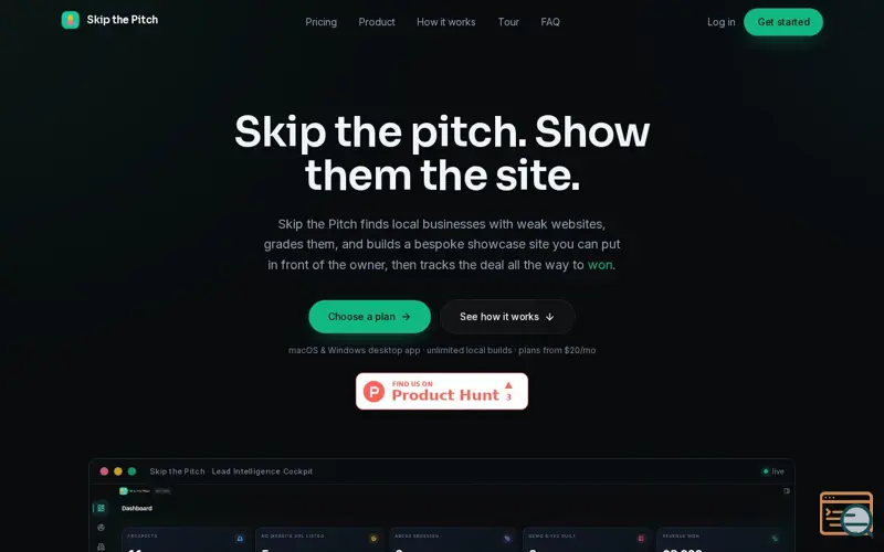 Screenshot of Skip the Pitch · Skip the pitch. Show them the site.