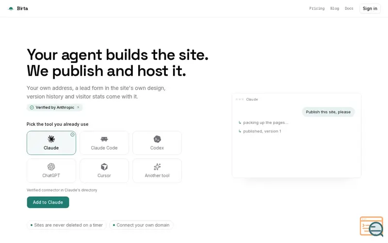 Screenshot of Birta — Your agent builds the site, Birta publishes and hosts it