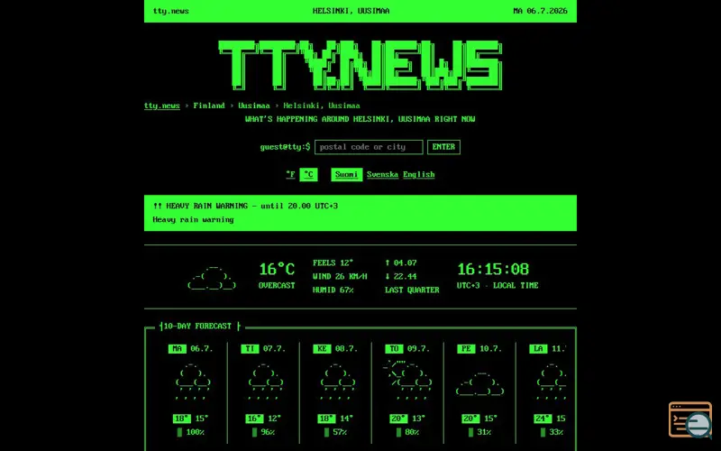 Screenshot of Terminal view of news and current events for cities across the globe