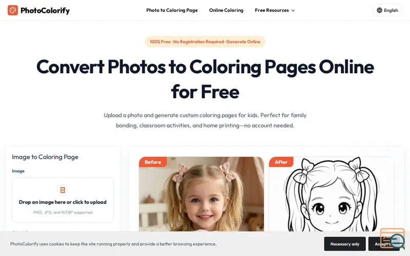 Screenshot of Convert Photo to Coloring Page Online Free 🎨 No Sign-Up | PhotoColorify