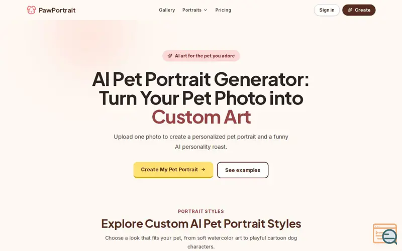 Screenshot of AI Pet Portrait Generator | Custom Pet Portraits & Roasts | PawPortrait