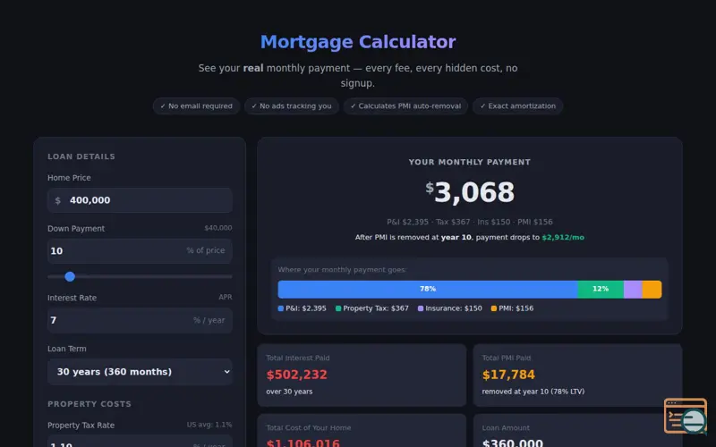 Screenshot of Mortgage Calculator with PMI&Tax