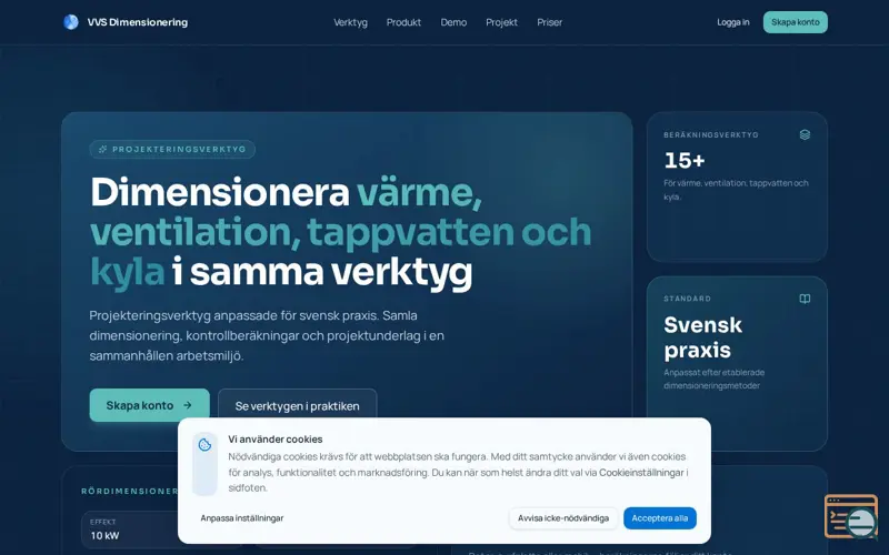 Screenshot of VVS Dimensionering, a launch using Vibekollen