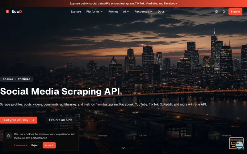 Screenshot of SocQ | Social Media API for Public Social Data