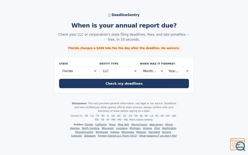 Screenshot of DeadlineSentry — Free LLC Filing Deadline Checker | Never Pay a $400 Late Fee