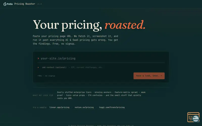 Screenshot of Pricing Roaster