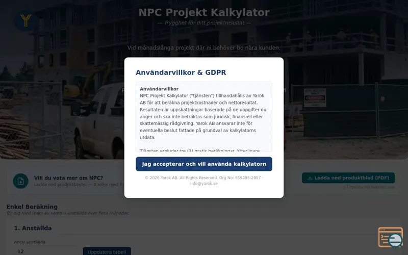 Screenshot of NPC Project Calculator