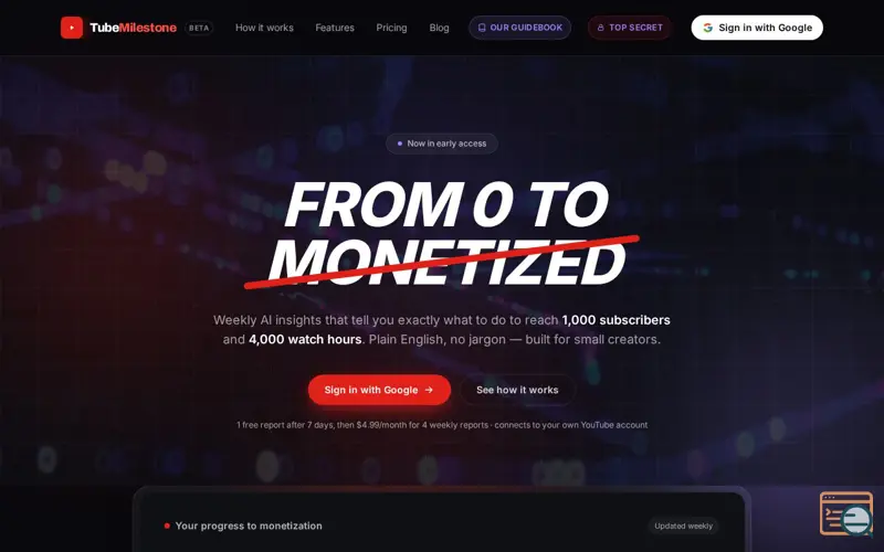Screenshot of TubeMilestone — From 0 to Monetized