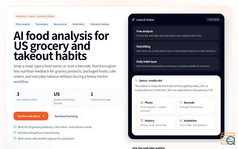 Screenshot of NutriLens on Product Hunt