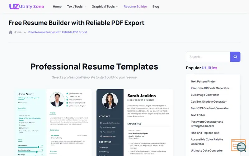 Screenshot of Free Resume Builder by Utilifyzone