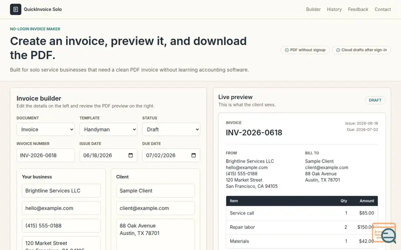 Screenshot of QuickInvoice Solo