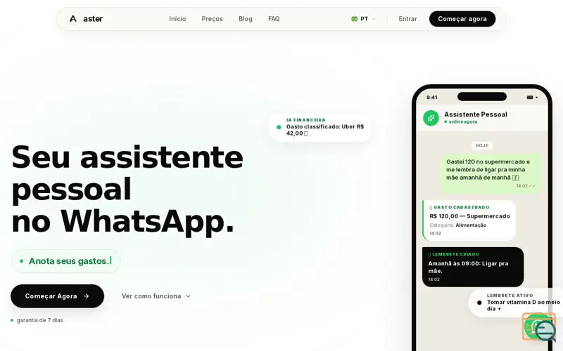 Screenshot of Aster | Lembretes e Controle de Gastos pelo WhatsApp