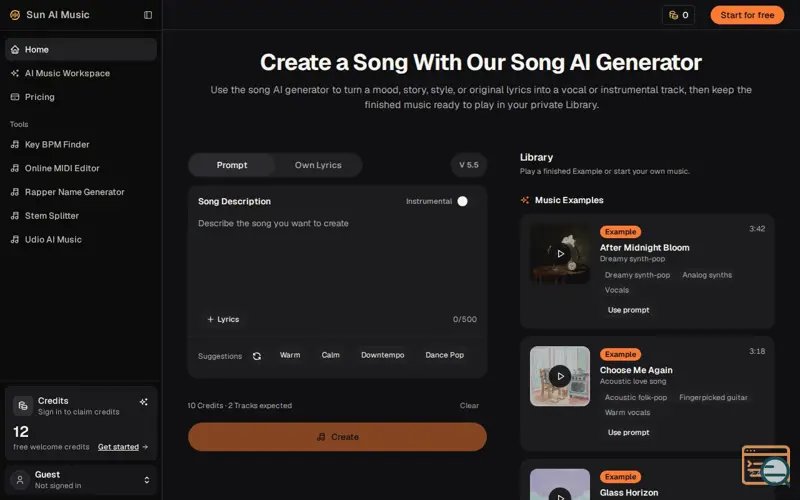 Screenshot of Song AI Generator for Lyrics & Prompts | Sun AI Music