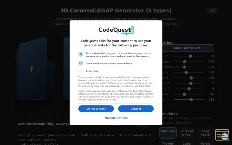 Screenshot of 3D Carousel | GSAP Generator (6 types)