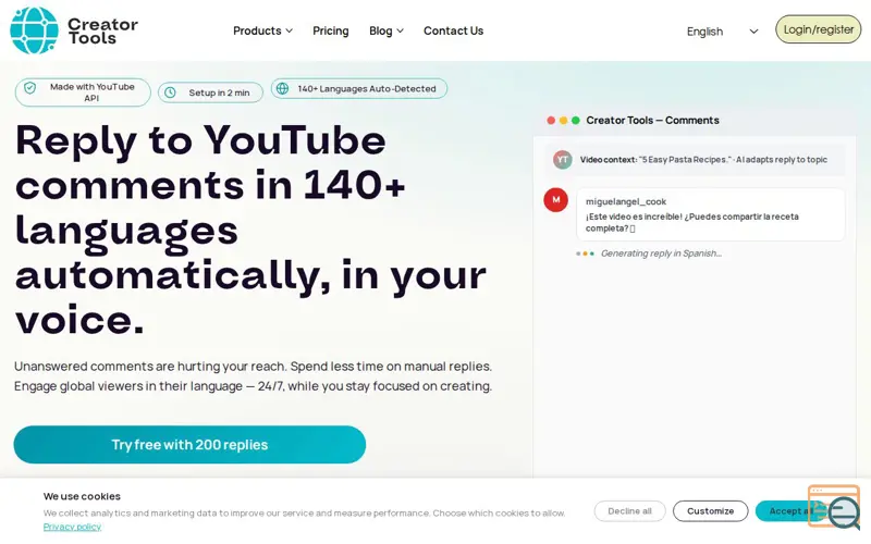 Screenshot of YouTube Comments AI Auto Replies, a launch using Mail.ru Email