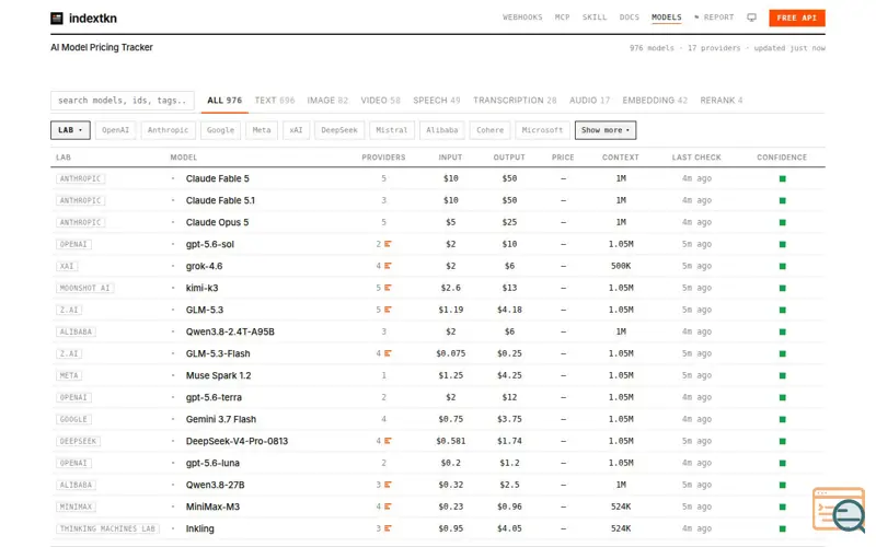 Screenshot of indextkn · AI Model Pricing Tracker