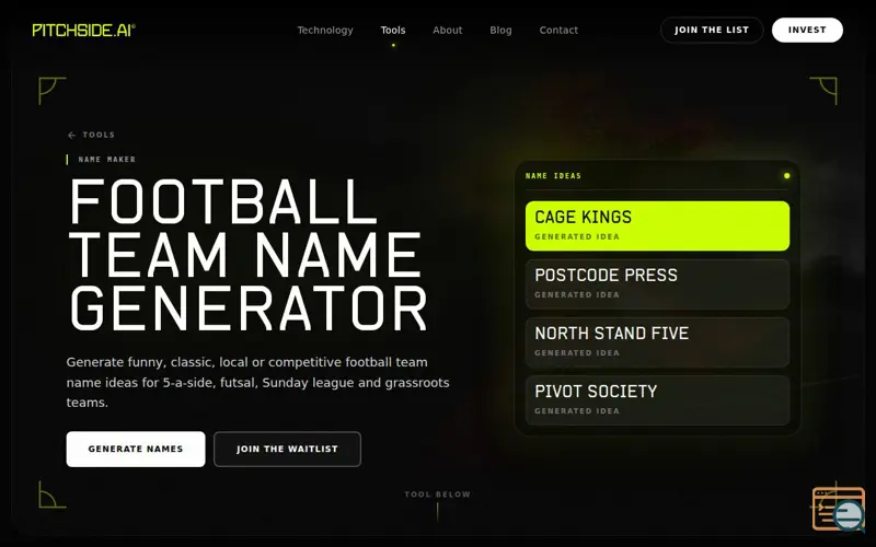 Screenshot of Funny Clever Football TeamName Generator