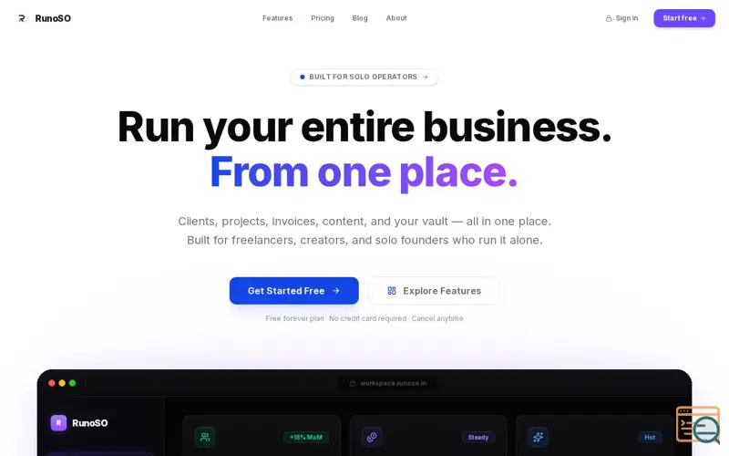 Screenshot of RunoSO — Business OS for Solo Operators