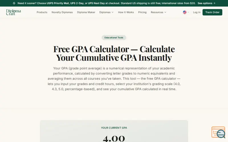 Screenshot of DiplomaCraft GPA Calculator