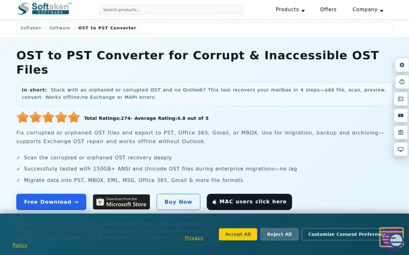 Screenshot of Softaken OST to PST Converter, a launch using JustHost Email