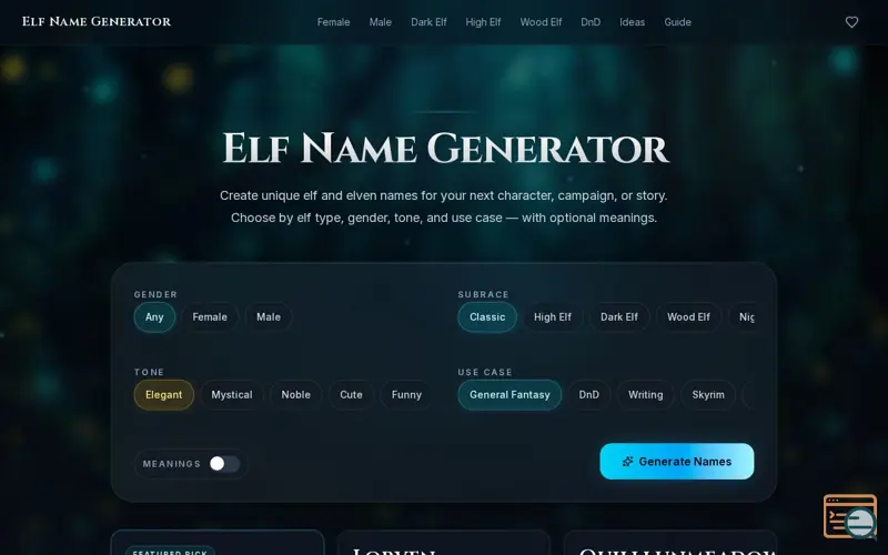Screenshot of Elf Name Generator