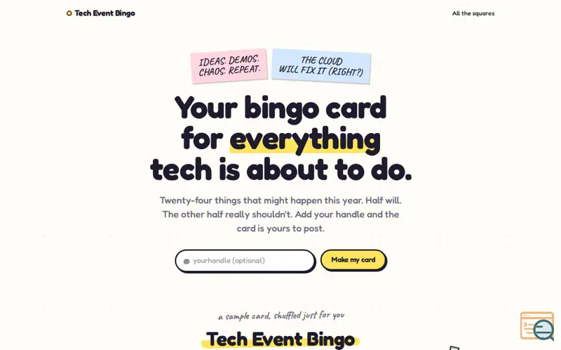 Screenshot of Tech Event Bingo, a launch using Wip