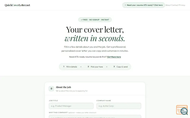 Screenshot of QuickCoverLetter.net