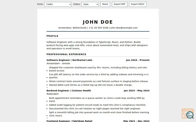 Screenshot of Flash Resume