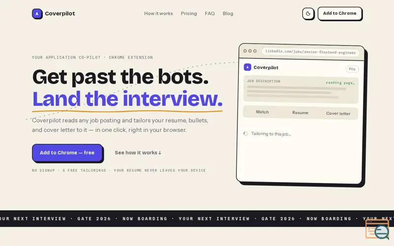 Screenshot of Coverpilot — tailor your resume to every job in one click