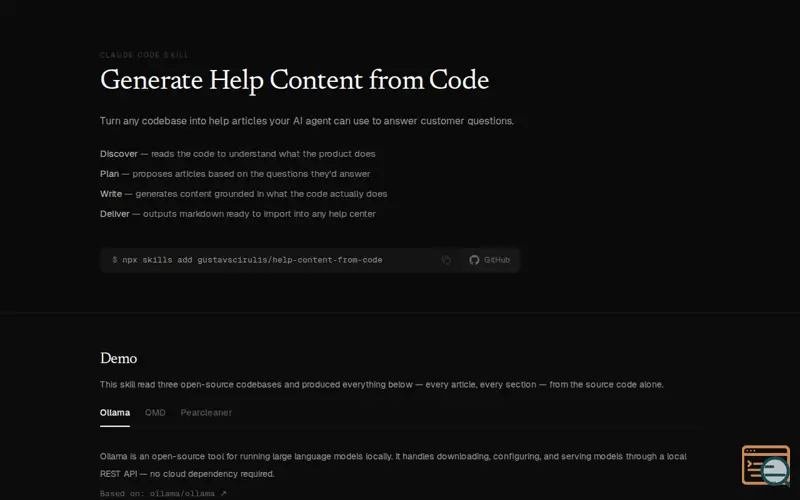 Screenshot of Help Content from Code