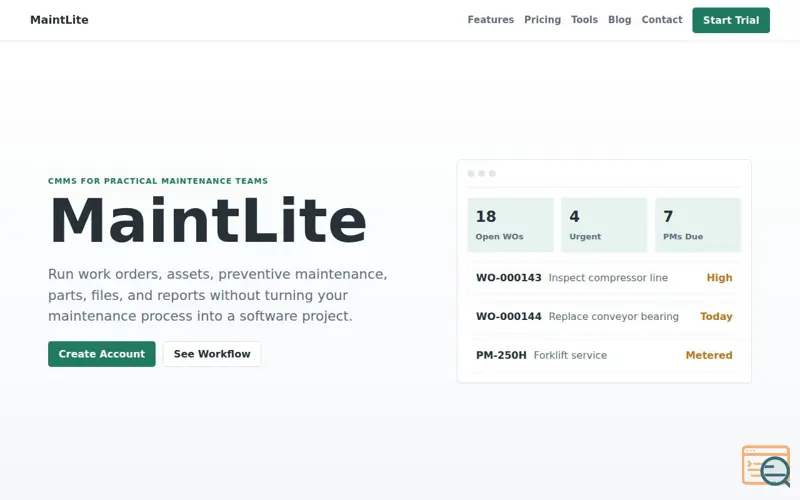 Screenshot of MaintLite CMMS