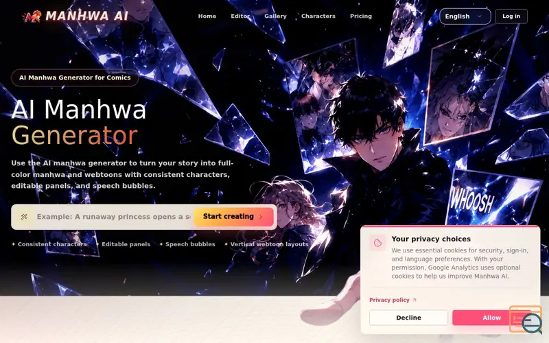 Screenshot of Manhwa AI, a launch using Waffo