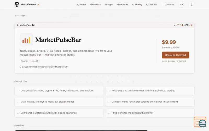 Screenshot of MarketPulseBar: Stocks, Crypto, Mac App