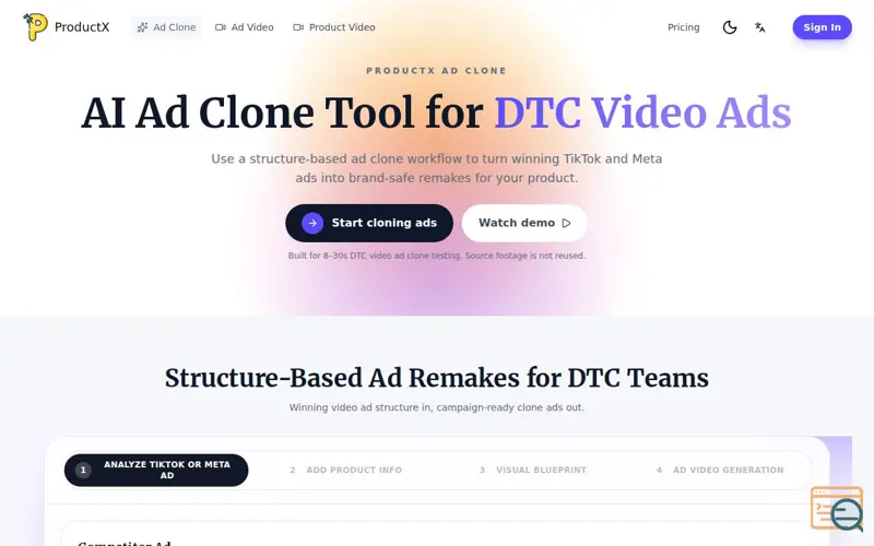 Screenshot of ProductX AI Ad Clone Tool