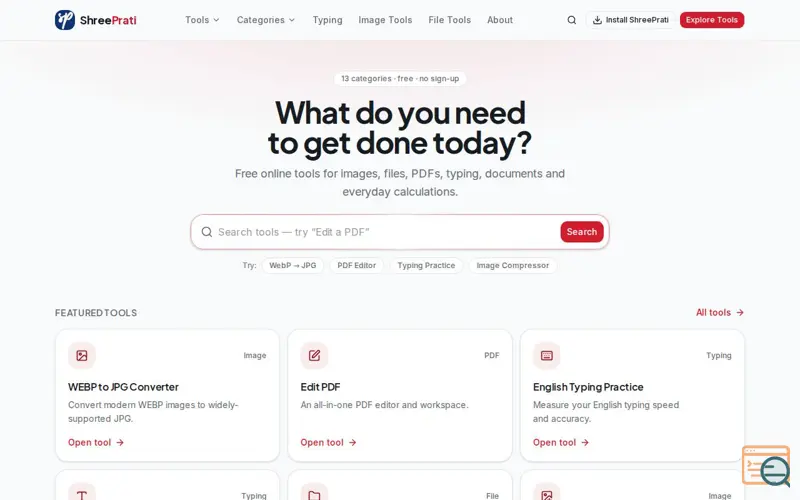 Screenshot of ShreePrati — Free Online Tools for Everyday Life