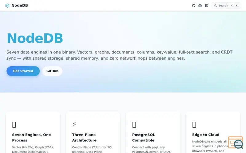 Screenshot of NodeDB, a launch using Oxidoc