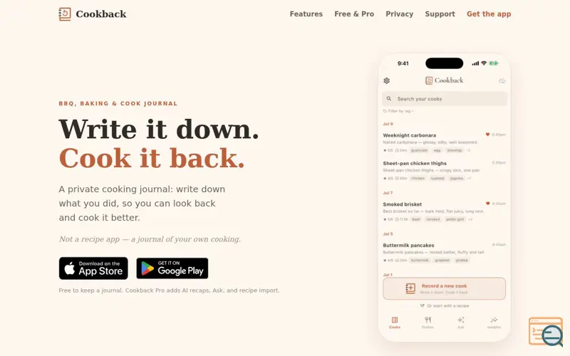 Screenshot of Cookback — Write it down. Cook it back.